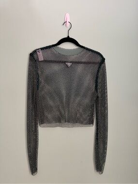 Men’s MCE Sheer Mesh Rhinestone Long-Sleeve Crop Top in Emerald - Size Large